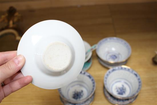 Six Chinese porcelain bowls, eight stands, three spoons and a candle holder, second half 20th century, largest bowl 10.2cm diameter